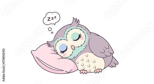Cute cartoon owl sleeping peacefully on a pink pillow, , with zzz in a speech bubble above its head, representing rest and dreams