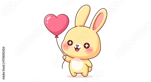 Cute cartoon yellow bunny holding a pink heartshaped balloon, , perfect for valentines day or any celebration of love and friendship, with a sweet and charming expression
