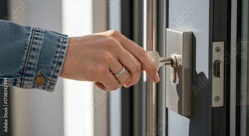 Woman's hand inserting a key into door lock for home security concept  