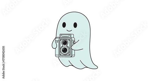 Cute cartoon ghost holding an oldfashioned camera