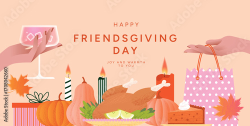 Happy Friendsgiving and Thanksgiving Day card with roasted Turkey, Pumpkin pie, Pumpkins, Autumn leaves, candles, gift box, shopping bag, cocktails. Festive holiday party design. Vector illustration