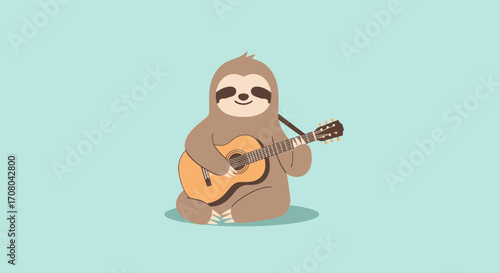 A cute cartoon sloth sitting and playing an acoustic guitar with a happy expression on its face, set against a solid light blue background, perfect for musicthemed designs and childrens content