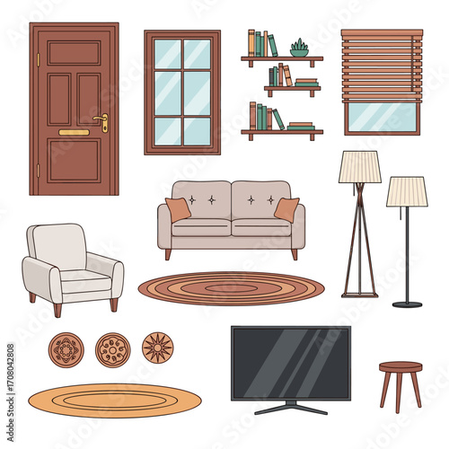 A collection of interior design elements for home decor and furnishing projects.
