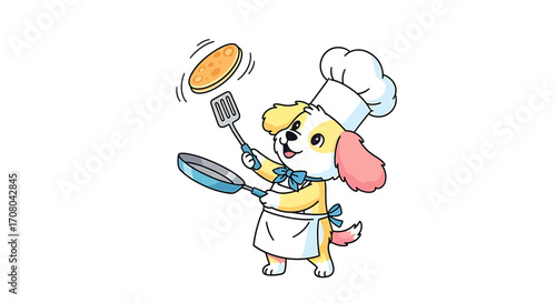 Cute cartoon dog wearing a chef hat and apron, flipping a pancake in a frying pan