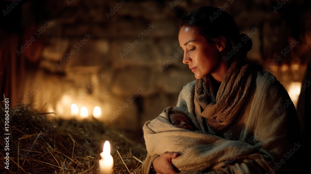 Obraz premium Sacred Film-Style Nativity with Madonna and Christ Child by Manger.