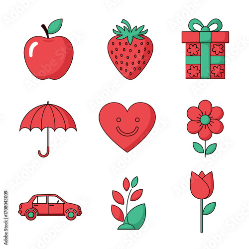 A collection of simple charming red and green icons representing various objects and symbols.
