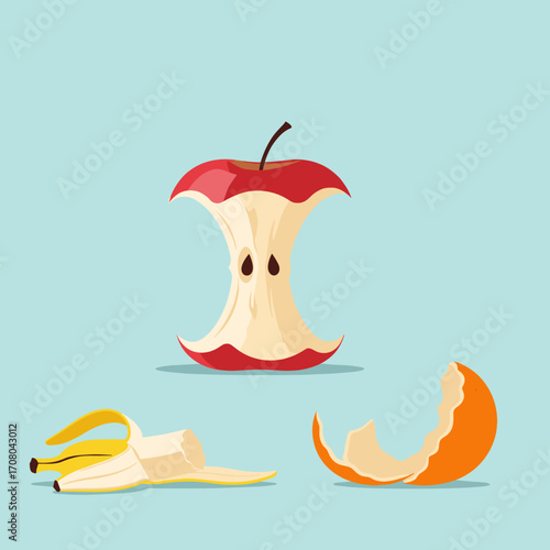 Creative depiction of leftover fruit remnants including an apple core a banana peel and orange rind.