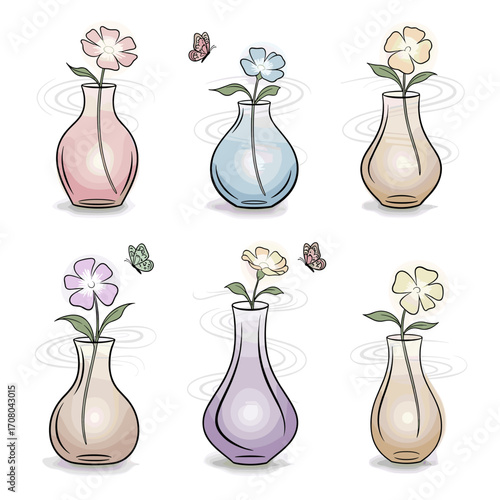 A collection of six elegantly designed vases each holding a single delicate flower and a small butterfly companion.