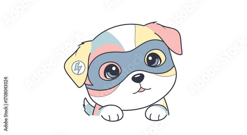 Cute cartoon superhero puppy wearing a mask and cape, with a lightning bolt symbol on its ear