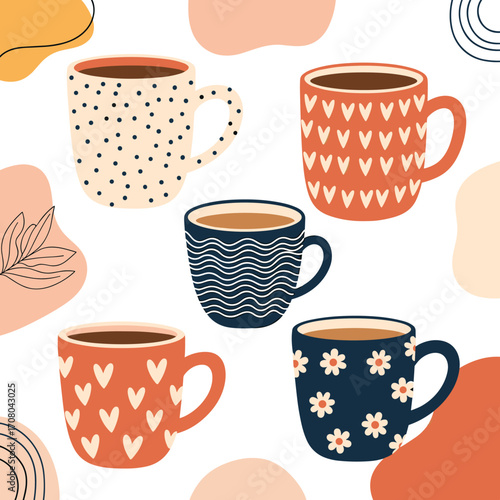 Cozy patterned coffee mugs filled with warm beverages on a white background with abstract shapes and leaves.
