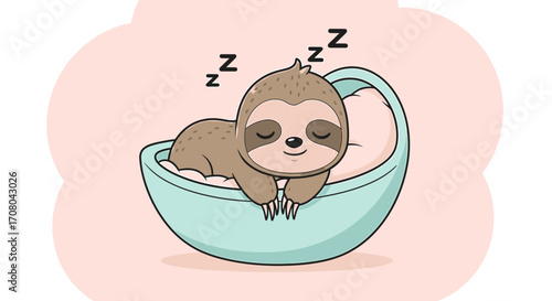 Cute cartoon sloth sleeping peacefully in a light blue cradle on a pink cloud shape