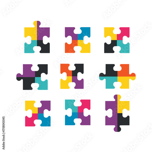 Colorful puzzle pieces arranged in a grid pattern demonstrating a concept of connection and problem solving.