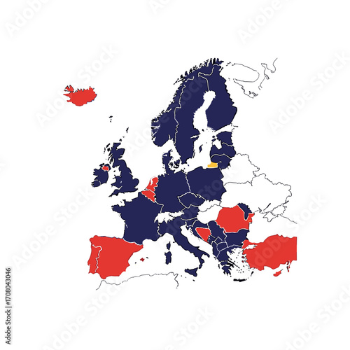 A visualization of European countries highlighting key geopolitical alliances and relationships based on color coding.