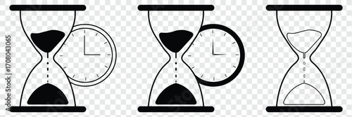 Time Management Business Vector Set. Hourglass clock deadline productivity Icons. Timer icon. Stopwatch symbol. hourglass icon black line. Three hourglasses showing passage of time in black