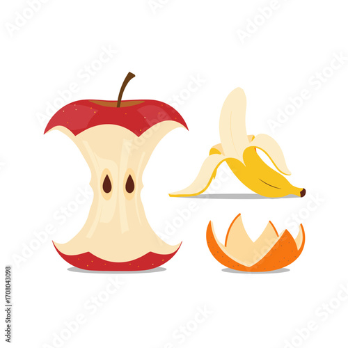 Still life with leftover fruit scraps including apple core banana peel and citrus rind.