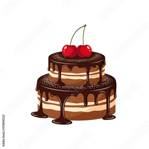 A delightful two tier chocolate cake topped with fresh cherries and drizzled with rich ganache.