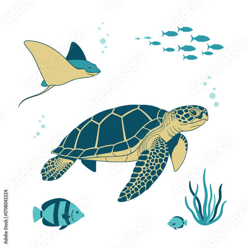 Marine life in a colorful ocean ecosystem with various aquatic animals swimming peacefully.