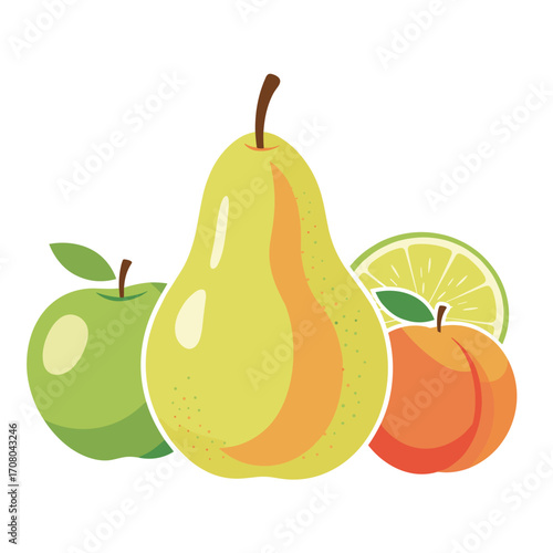 A vibrant collection of fresh fruits including a juicy pear an apple and a slice of citrus.