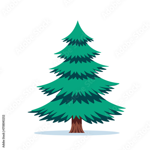 A cartoon illustration of a tall green fir tree with layered branches and a brown trunk standing in the snow.