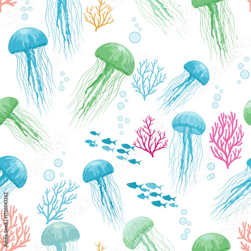 A whimsical underwater scene featuring colorful jellyfish and vibrant coral reefs.