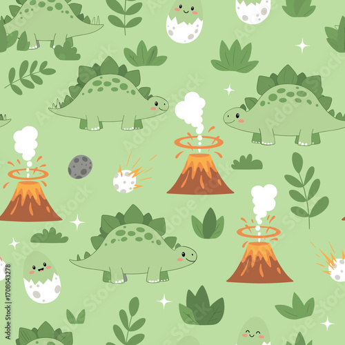 A delightful pattern featuring cute cartoon dinosaurs with volcanoes and plants.