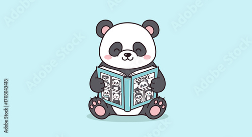 Charming graphic of a delightful panda bear peacefully sitting and enjoying a picture book, an emblem of education, curiosity, and childlike wonder