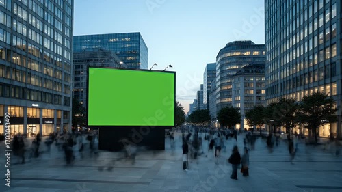 Green Screen Digital Billboard in Bustling City Square at Dusk with Blurred Pedestrians and Modern Architecture