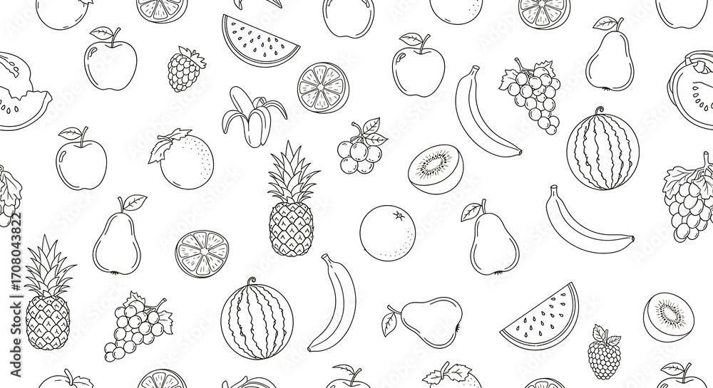 Fototapeta premium Outlined illustration of various fruits arranged in a repeating pattern, showcasing diverse shapes.