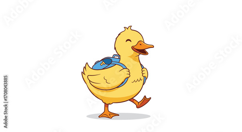Cute cartoon yellow duckling with a blue backpack walking happily
