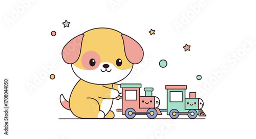 Cute cartoon puppy playing with a toy train