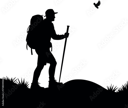 Silhouette of a hiker with a backpack and walking stick