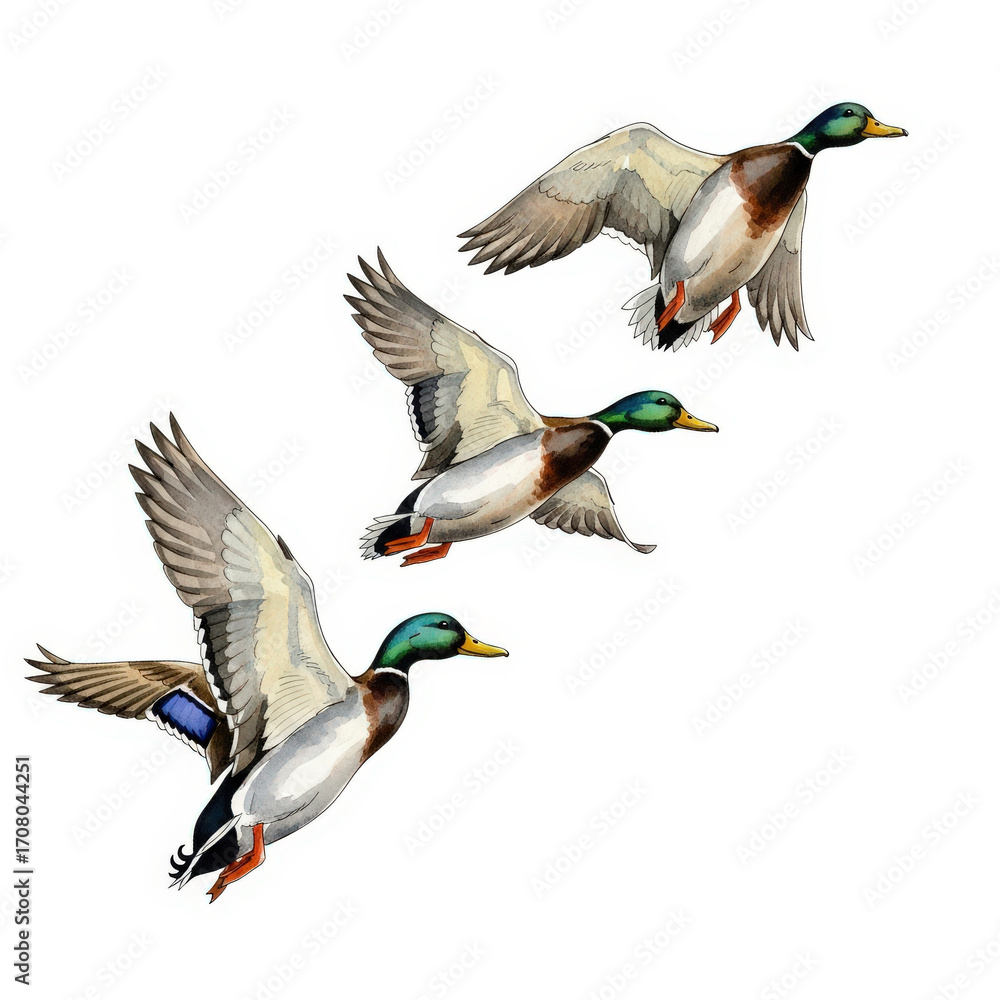 Obraz premium Dynamic Duck Trio A Watercolor Illustration Capturing Three Mallard Ducks in Flight Against a Clean White Canvas A Study in Avian Motion and Natural Elegance