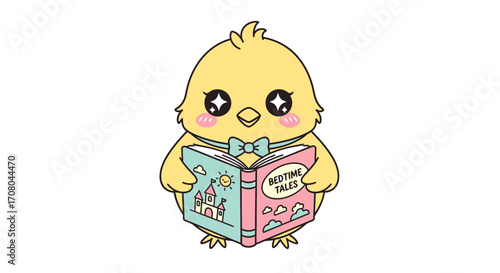 Cute yellow chick character reading a book titled bedtime tales with a castle illustration