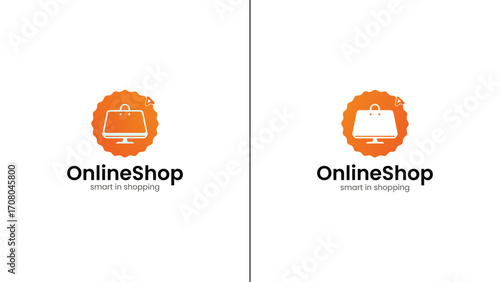 Online Shop Logo with Shopping Bag, Badge, Computer, Monitor and Cursor Icon. Minimal E-commerce Emblem-type Store Logo Symbol in Orange Gradient.