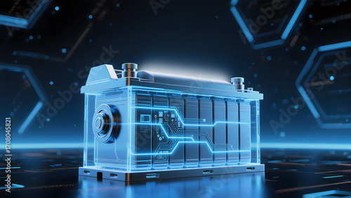 Futuristic EV battery cell glowing in blue neon