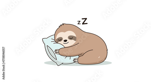 Cute cartoon sloth sleeping peacefully on a light blue pillow, , with zz text above indicating sleep