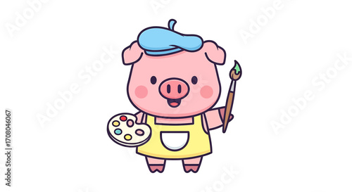 Cute cartoon pig artist wearing a yellow apron and blue beret, holding a paintbrush and palette