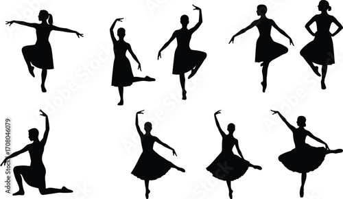 Graceful ballet dancers performing elegant dance poses, silhouette of female ballerinas in various ballet movements, artistic dance expressions, graceful silhouette art.