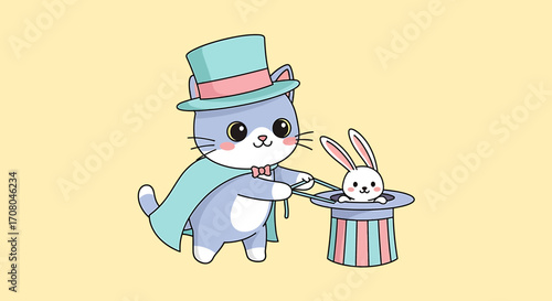 Cute cartoon cat magician pulling a bunny out of a hat, with a cape and top hat, isolated on a light yellow background, whimsical and adorable illustration for childrens themes