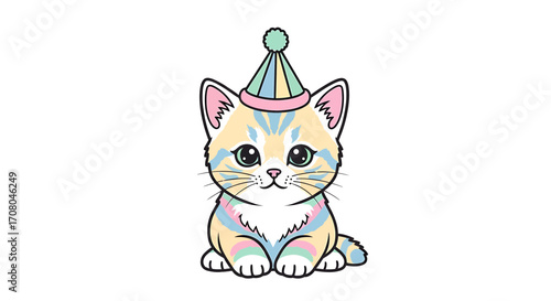 Cute cartoon kitten wearing a colorful party hat, sitting and looking forward