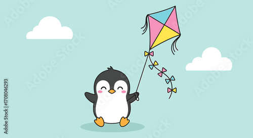 Cute cartoon penguin happily flying a colorful kite on a clear blue sky with fluffy white clouds, representing joy and childhood fun
