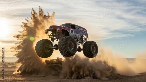 Monster Truck Jumping High in the Desert, Extreme Sport and Big Air Stunt Action