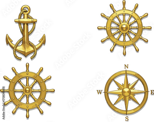 Golden nautical symbols, anchor, ship wheels, and compass rose, isolated marine navigation icons, perfect for sailing, sea travel, and maritime design themesGolden nautical symbols, anchor, ship 