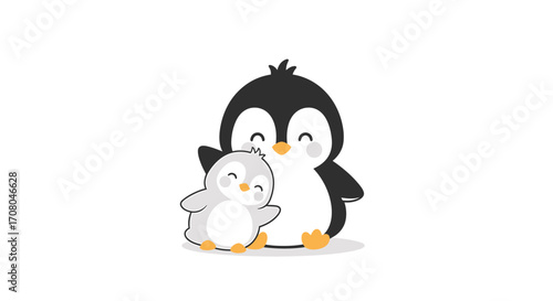 Cute cartoon illustration of a mother penguin and her baby penguin, , representing family, love, and togetherness in a simple and charming style