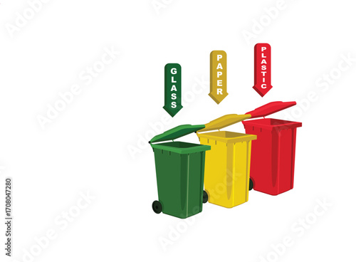 Colorful recycling bins for glass, paper, and plastic waste. Eco-friendly trash separation concept for sustainability, environment, waste management, and recycling education.
