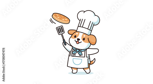 Cute cartoon dog wearing a chef hat and apron, flipping a pancake with a spatula, , representing cooking and baking with a playful character