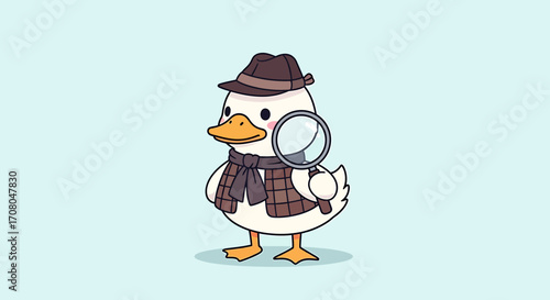 A cute cartoon duck dressed as a detective, wearing a hat and scarf, holding a magnifying glass, against a light blue background, representing investigation and curiosity