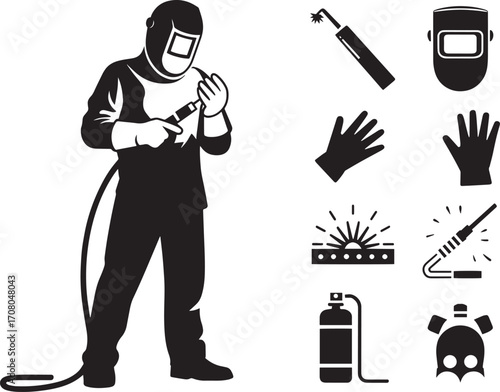 Welder Silhouette with Welding Equipment Icons Set on Transparent Background Vector