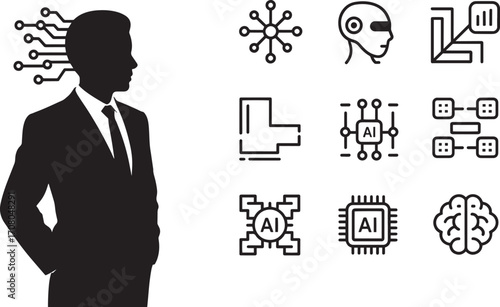 Artificial Intelligence Silhouette with AI Technology Icons Set on Transparent Vector