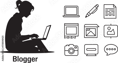 Blogger Silhouette Vector Illustration with Laptop and Blogging Icons Art Design